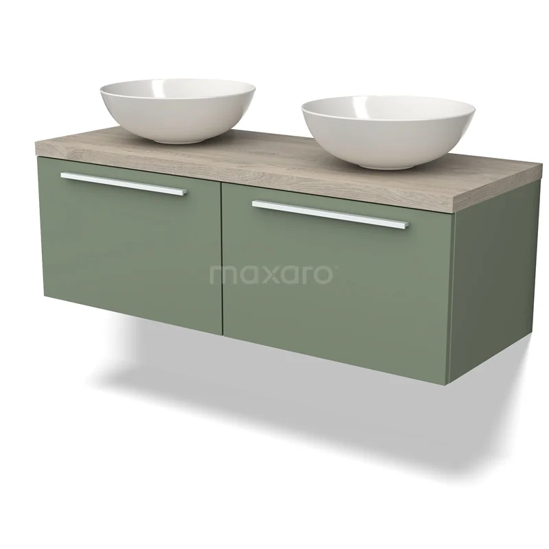 Modulo Plato Vanity units for countertop basin | 120 cm Sage green Flat front Light grey oak worktop 2 Side-by-side drawers BMK12-01481