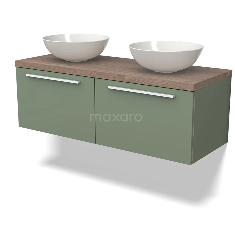 Modulo Plato Vanity units for countertop basin | 120 cm Sage green Flat front Mid brown oak worktop 2 Side-by-side drawers BMK12-01483