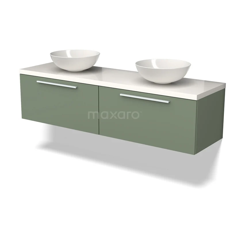 Modulo Plato Vanity units for countertop basin | 160 cm Sage green Flat front High-gloss white worktop 2 Side-by-side drawers BMK12-01507