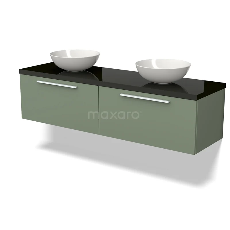 Modulo Plato Vanity units for countertop basin | 160 cm Sage green Flat front High-gloss black worktop 2 Side-by-side drawers BMK12-01509