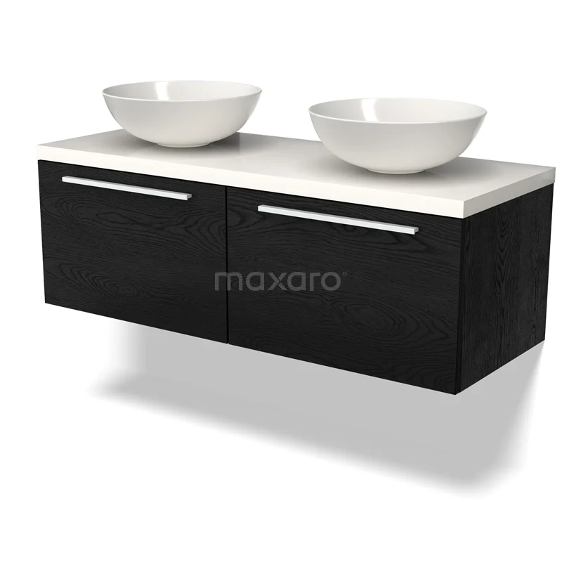 Waschtischunterschrank mit Konsole BMK12-01536 Zweites Badezimmermöbel Schwarz Holz mit doppelten weißen Aufsatzwaschbecken, modernes Design mit metallischen Haltegriffen.