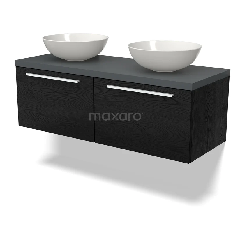 Waschtischunterschrank mit Konsole BMK12-01538 Schwarzes hängendes Badezimmermöbel mit zwei Schubladen, Klappgriffen und weißen doppelten Aufsatzwaschbecken, modernes Design.