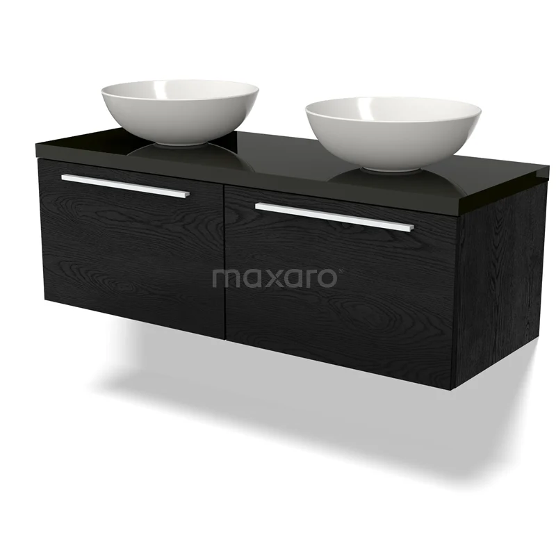 Waschtischunterschrank mit Konsole BMK12-01539 Schwarze Holz-Badmöbelset mit Doppelwaschbecken, schlichten Haltegriffen und modernem Design.