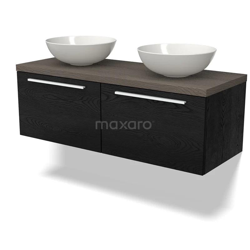 Black wooden vanity units with basin, white round basins, sleek metal handles, modern design.