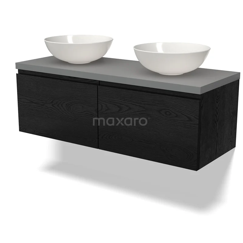 Waschtischunterschrank mit Konsole BMK12-01552 Schwarzes hängendes Badmöbelset mit grauer Platte und zwei weißen Aufsatzwaschbecken, modernes Design aus hochwertigem Holz.