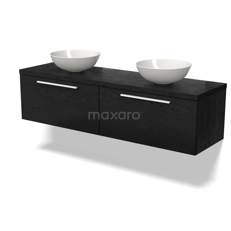 Modulo Plato Badmöbel mit Aufsatzwaschbecken | 160 cm Schwarze Eiche Flach front Schwarze Eiche blatt 2 nebeneinanderliegende Schubladen BMK12-01573 Schwarzes Holz Doppelwaschbeckenmöbel mit weißen keramischen Aufsatzwaschbecken, modernes Design für ein stilvolles Badezimmer.