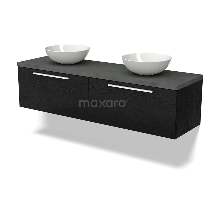 Waschtischunterschrank mit Konsole BMK12-01580 Schwarzes Badezimmermöbel mit Doppelwaschbecken, klare moderne Formgebung, ausgestattet mit verchromten Haltegriffen und hängendem Design.