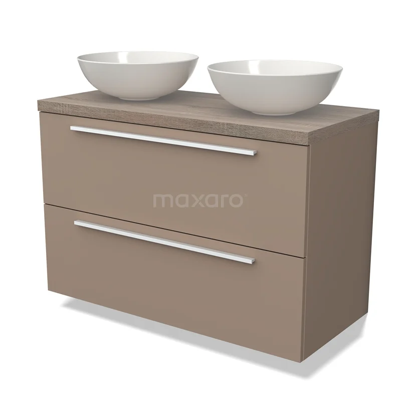 Modulo Plato Badmöbel mit Aufsatzwaschbecken | 100 cm Taupe Flach front Eiche blatt 2 übereinanderliegende Schubladen BMK17-02016 Zweites Waschbeckenmöbel beige, mit zwei Schubladen und doppelten runden weißen Aufsatzwaschbecken, perfekt für das moderne Badezimmer.