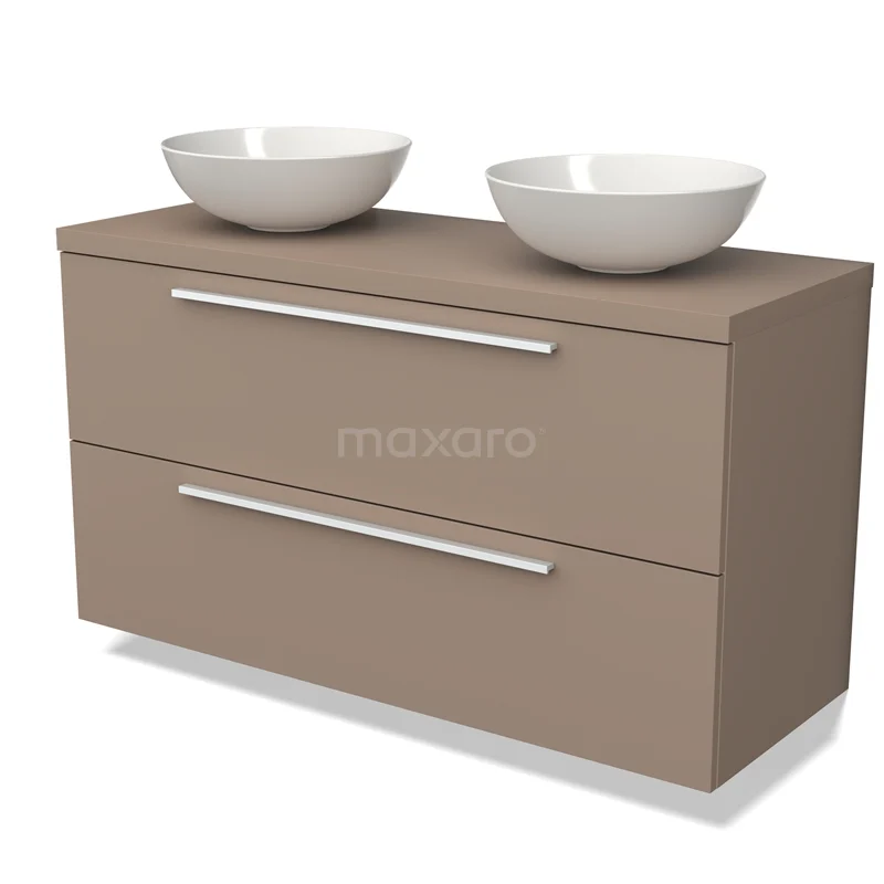 Double vanity unit in Taupe with two white countertop wash basins, modern style and sleek metal handles, perfect for the bathroom.