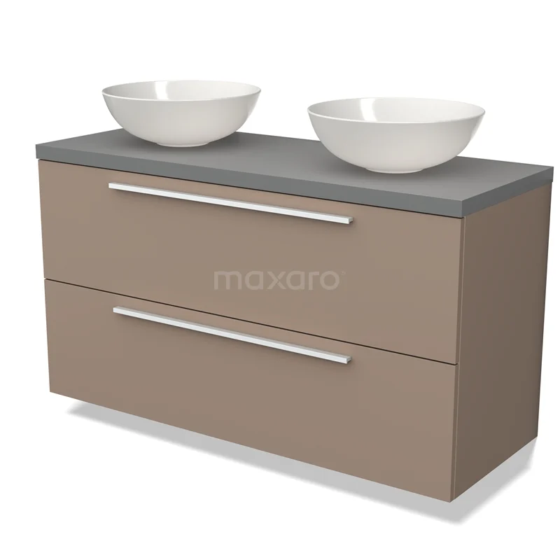 Brown bathroom furniture set with double drawers, grey basin worktop and two ceramic countertop basins, modern design.