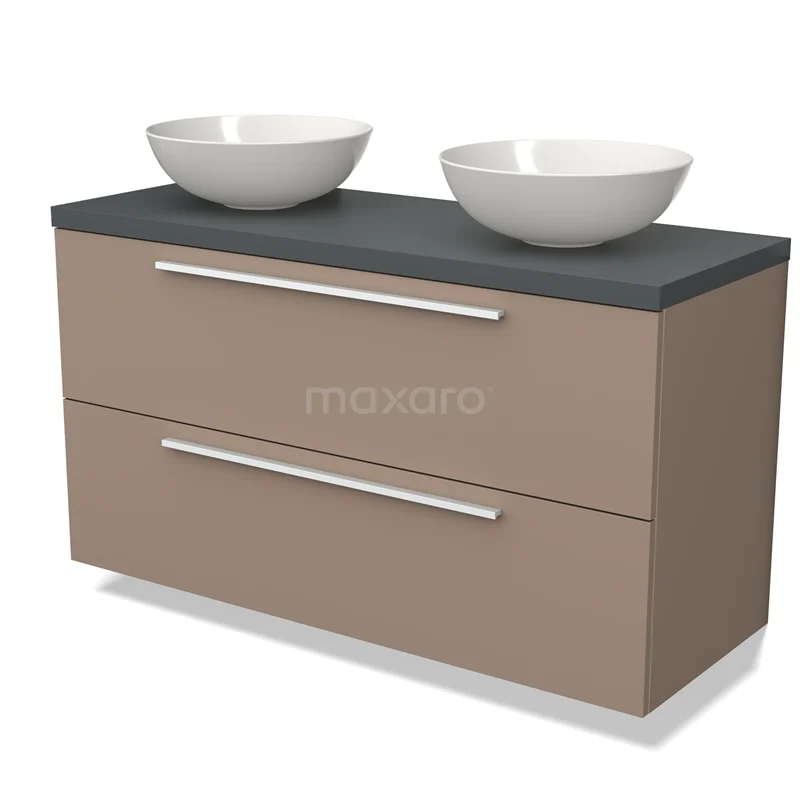 Taupe badkamermeubel met twee witte waskommen, zwarte bovenzijde en strakke metalen handgrepen, modern en stijlvol design.