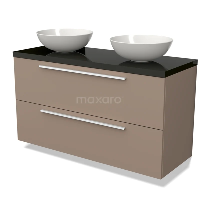 Beige badkamermeubel met twee ronde witte wastafels, zwart glazen blad en strakke lades, modern en stijlvol design.