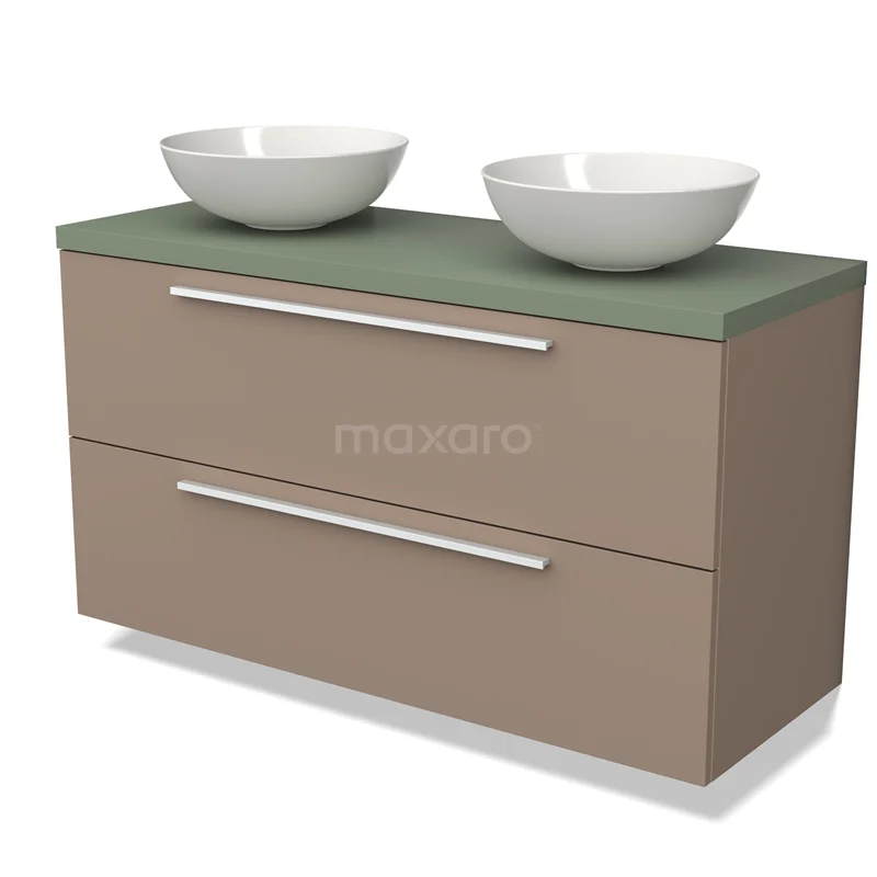 Bruine badkamermeubelset met groen blad en twee witte komvormige wastafels, ideaal voor moderne badkamerinrichtingen.