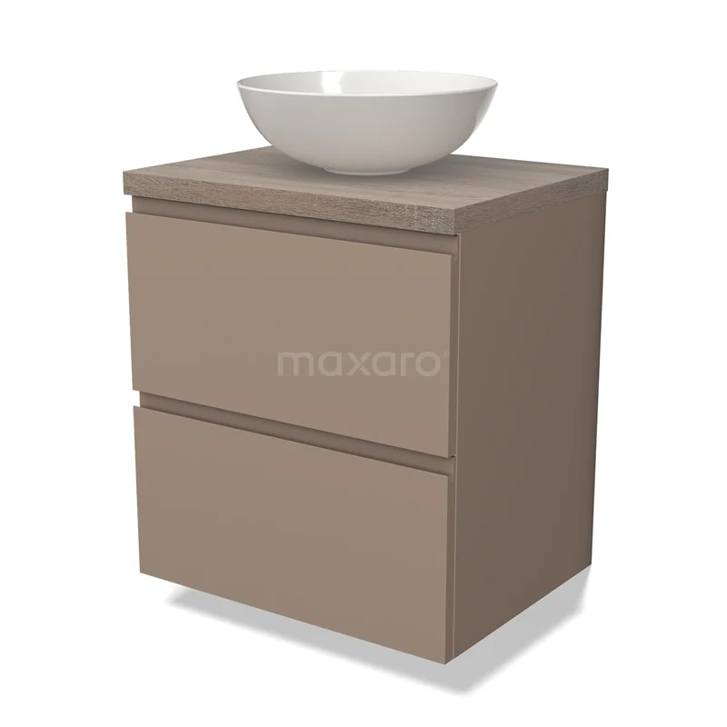 Beige badkamermeubel met twee lades en witte keramische waskom, compact design voor moderne badkamers.