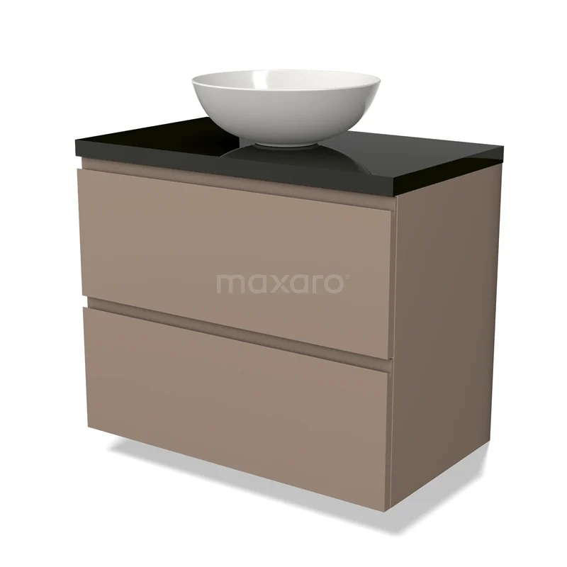 Modulo Plato Badmöbel mit Aufsatzwaschbecken | 80 cm Taupe Grifflos front Hochglanz Schwarz blatt 2 übereinanderliegende Schubladen BMK17-02064 Brauner Badschrank mit zwei Schubladen, schwarzer Platte und weißem Waschbecken, modernes Design aus hochwertigem Material.