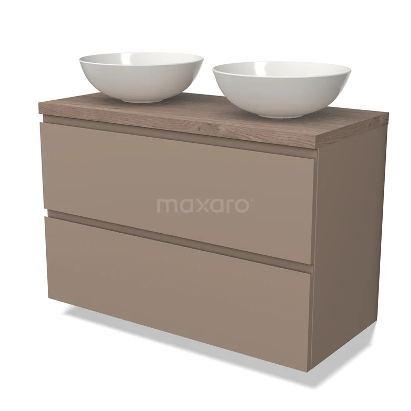 Breed hangend badkamermeubel in taupe met twee keramische waskommen, strak design, ideaal voor moderne badkamers.
