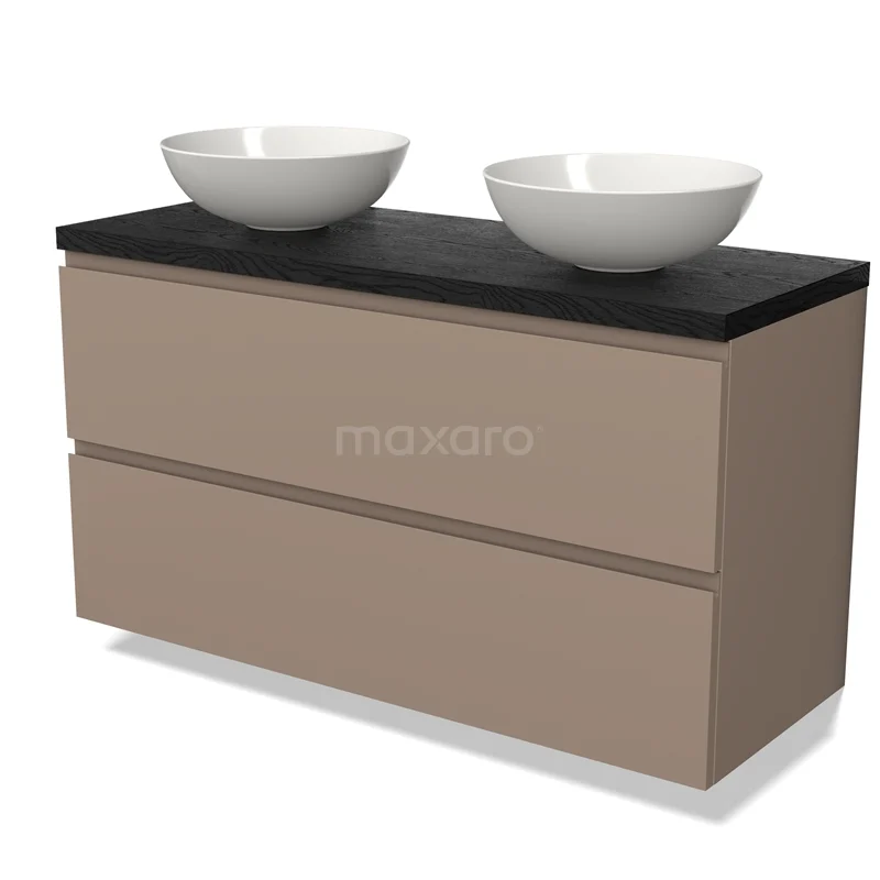 Beige badkamermeubel met dubbele witte waskommen en zwart blad, modern design en strakke ladekast.