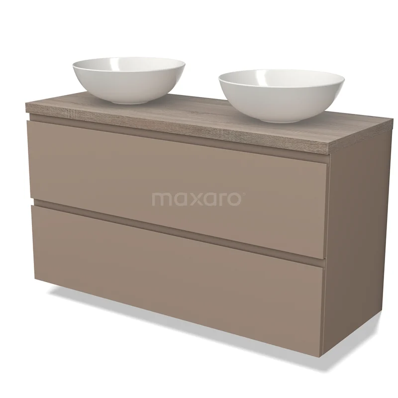 Beige badkamermeubel met twee witte waskommen, strak ontwerp, ideaal voor moderne badkamers, gemaakt van duurzaam materiaal.