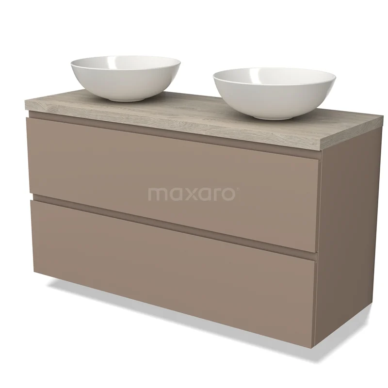 Tweepersoons wastafelmeubel taupe met keramische kommen, strak ontwerp en houtlook blad, ideaal voor een moderne badkamer.