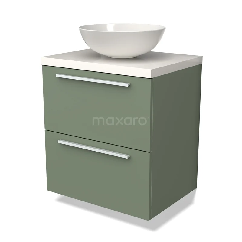 Groen badkamermeubel met twee lades, wit tafelblad en ronde opzetwaskom, modern design ideaal voor een stijlvolle badkamer.