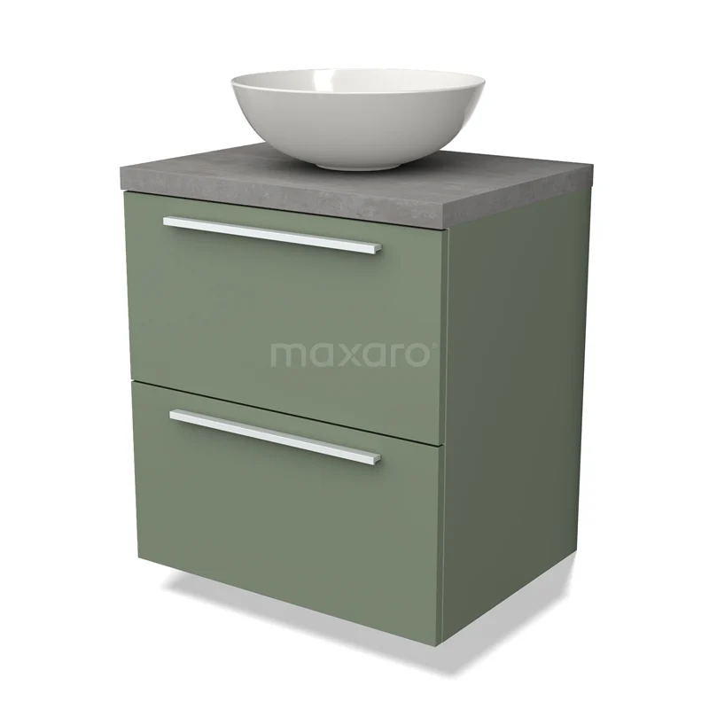 Groen badkamermeubel met twee lades, grijs blad en een witte waskom, ideaal voor een moderne badkamerstijl.