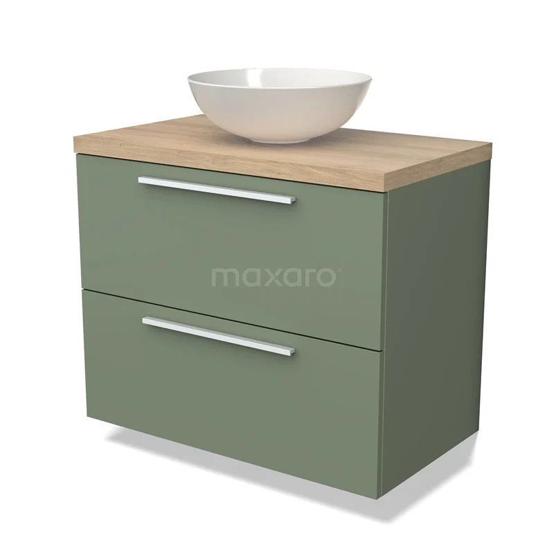 Green bathroom cabinet with two drawers, wooden worktop and white round countertop wash basin; stylish storage cabinet made of sustainable materials.