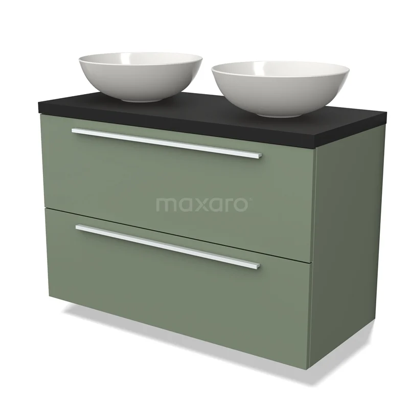 Groene badkamermeubelset met zwarte topblad en twee witte ronde waskommen, modern design met dubbele lades.