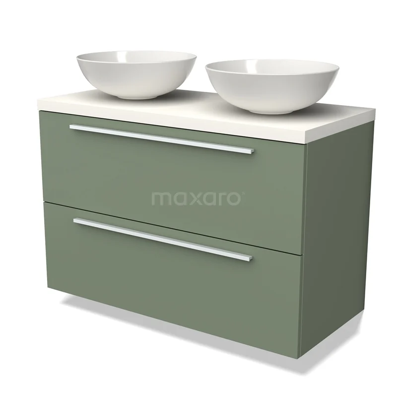 Waschtischunterschrank mit Konsole BMK17-02147 Grünes Badezimmermöbel mit Doppelwaschbecken, moderne Ausstrahlung, zwei Schubladen, ideal für stilvolle und funktionale Bäder.