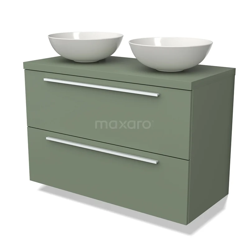Waschtischunterschrank mit Konsole BMK17-02150 Grüne Badmöbel mit zwei weißen Aufsatzwaschbecken, zwei Schubladen und schlichten Haltegriffen, ideal für modernen Badezimmerstil.