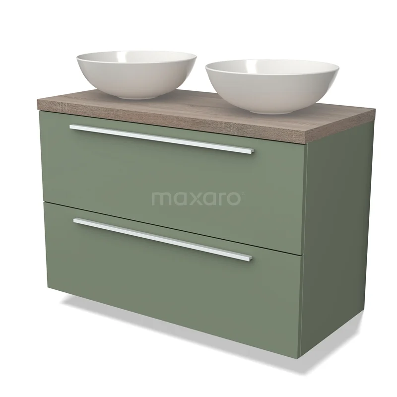 Groene badkamermeubel met houtlook blad, twee witte waskommen en strakke metalen handgrepen, ideaal voor moderne badkamers.