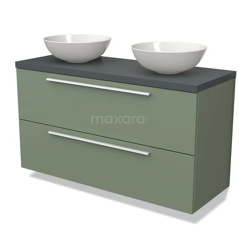 Groene badkamermeubelset met zwart blad, twee witte waskommen en brede lades; stijlvol en modern design.