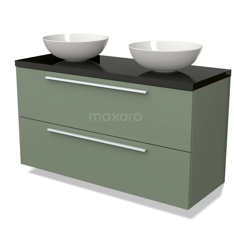 Groene dubbele badmeubelset met zwarte bovenkant, witte kommen en chromen handgrepen, ideaal voor moderne badkamers.