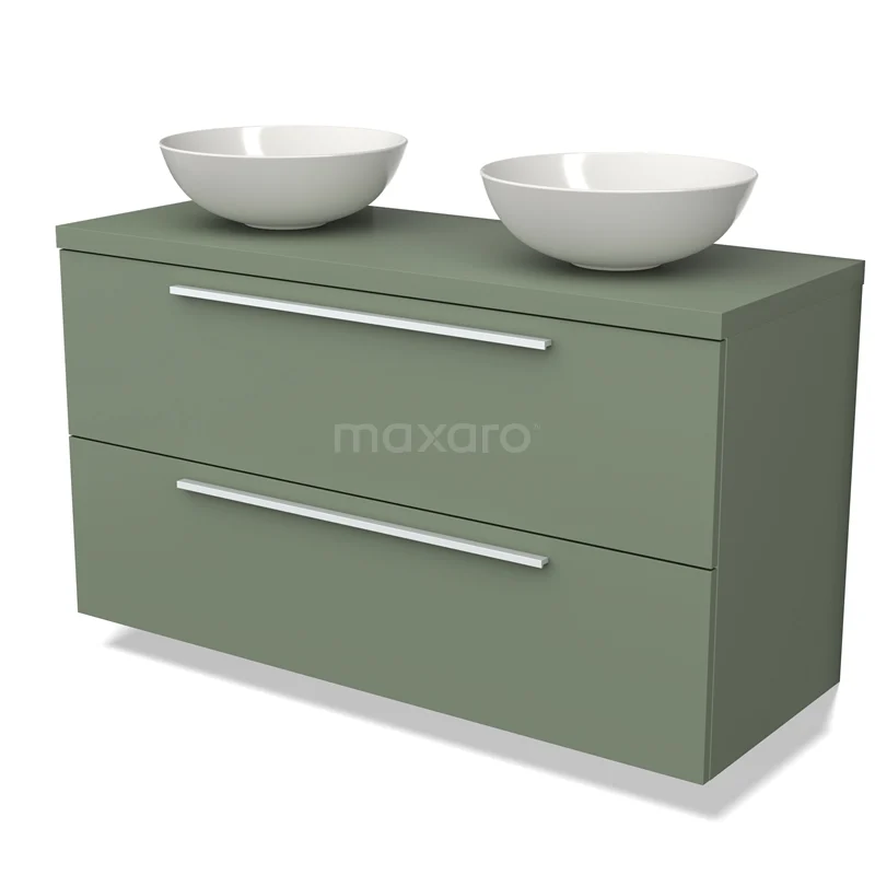 Groen badkamermeubel met twee witte ovale waskommen, strakke zilverkleurige handgrepen en een modern design.