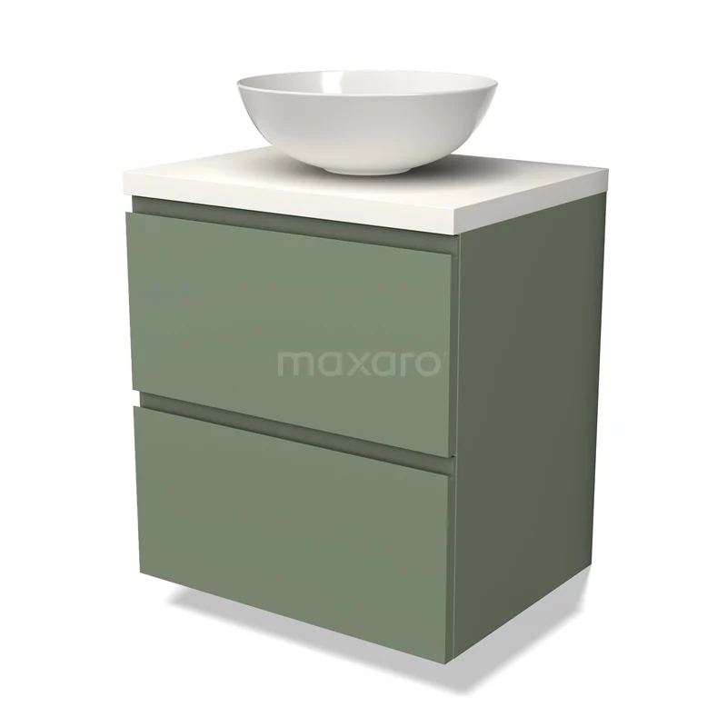 Groen badmeubel met twee lades, witte keramische waskom en marmeren blad, ideaal voor een stijlvolle badkamer inrichting.