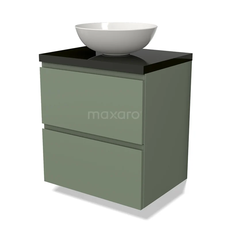 Olivijn groene badkamermeubel met zwarte bovenblad en witte waskom, modern design en geschikt voor stijlvolle badkamers.