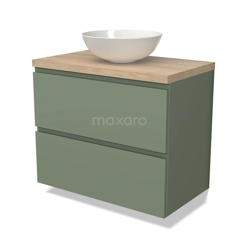 Mintgroen badkamermeubel met twee lades, houtlook blad en witte ovale wastafel; stijlvol en modern ontwerp.