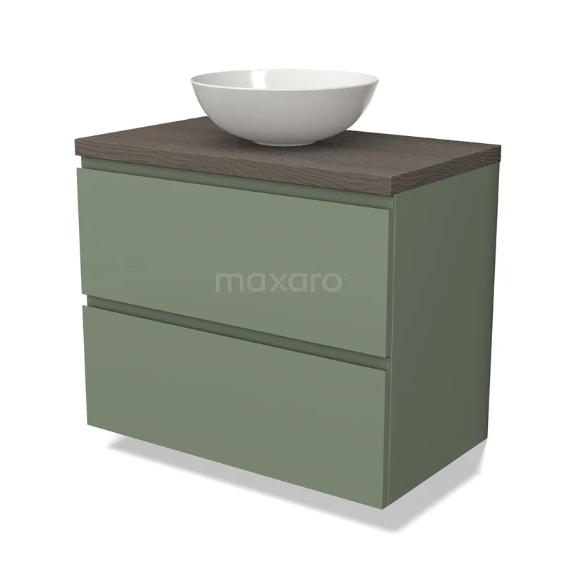 Groen badkamermeubel met twee lades, houten bovenblad en een ronde witte waskom; stijlvol design voor moderne badkamers.