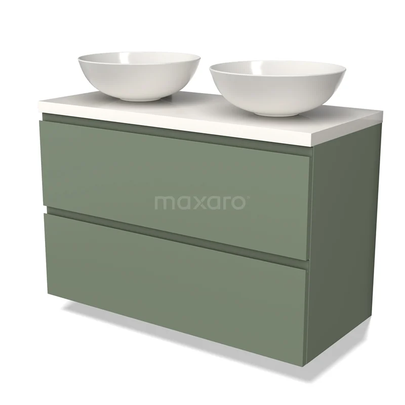 Waschtischunterschrank mit Konsole BMK17-02214 Olivengrünes Badezimmermöbel mit doppelten runden Waschbecken, modernes Design, glatte Oberfläche und platzsparenden Schubladen.