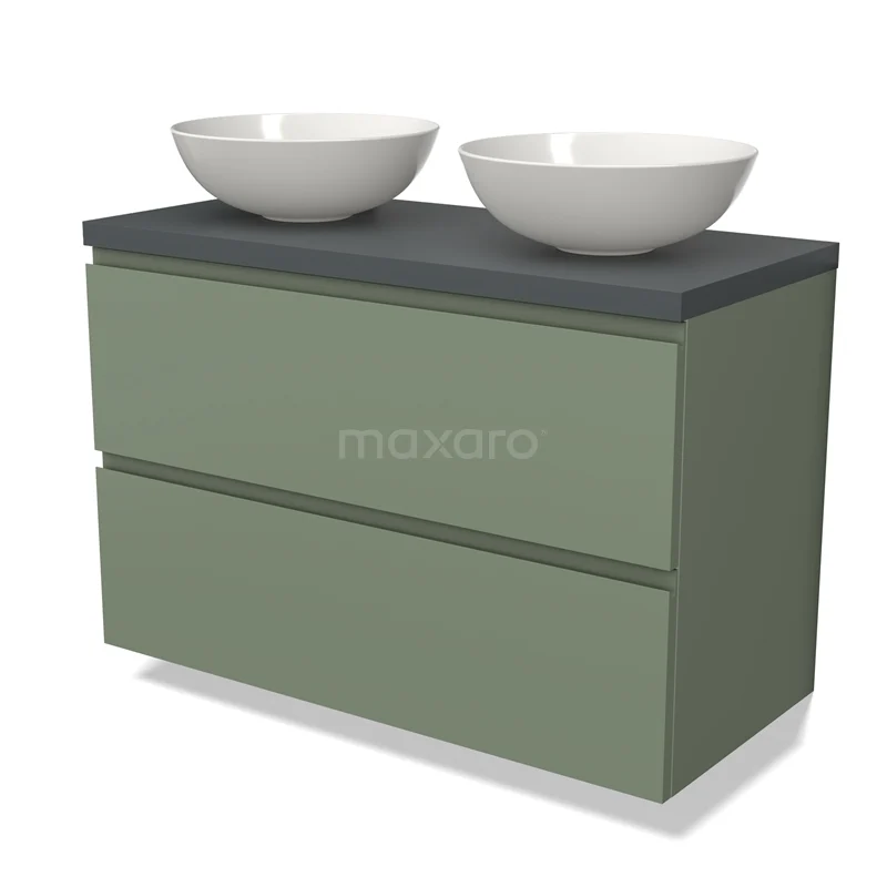 Waschtischunterschrank mit Konsole BMK17-02216 Grüne Badmöbel mit zwei Waschbecken, matt schwarzer Platte und modernem Erscheinungsbild, ideal für ein stilvolles Badezimmerinterieur.