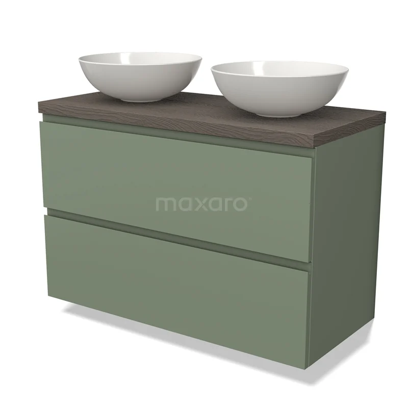 Groene badkamermeubelset met modern design, donker houtblad en twee witte waskommen, ideaal voor een stijlvolle badkamer.