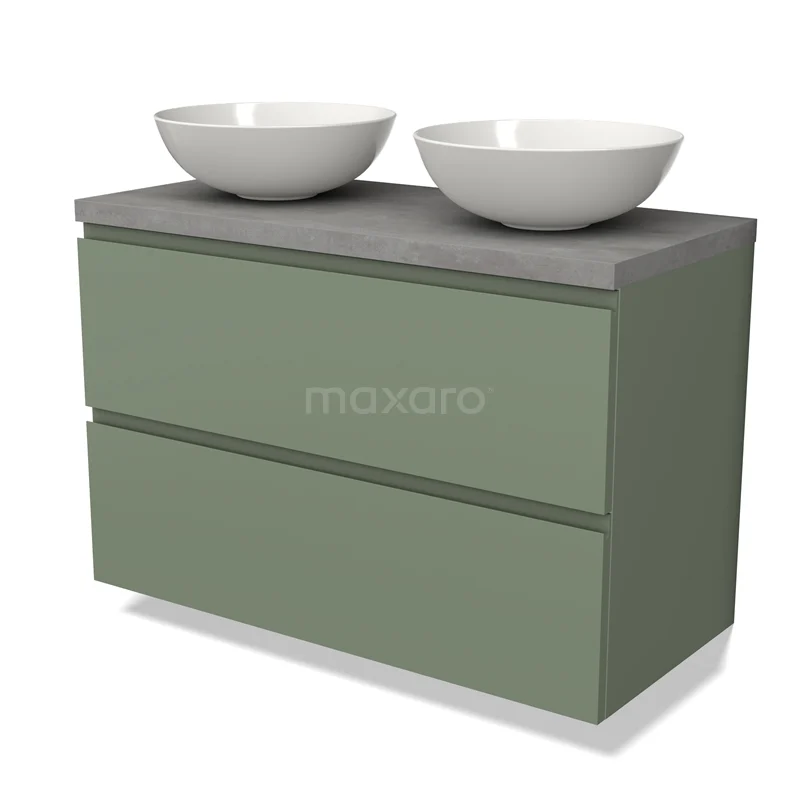 Groene badkamermeubelset met dubbele wasbakken, grijs betonnen blad en minimalistisch design. Perfect voor moderne badkamers.