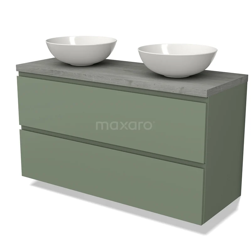 Groen badkamermeubel met twee lades, betonlook blad en twee witte opzetwaskommen, perfect voor moderne badkamerinrichting.