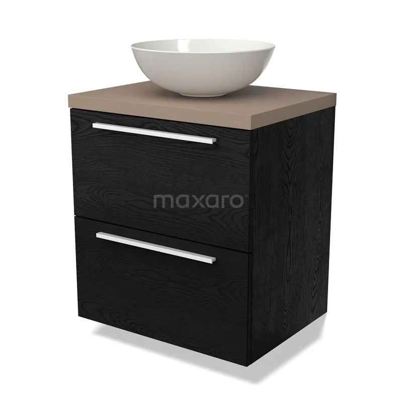 Black bathroom unit with wood-look worktop and white countertop wash basin, two drawers with metal handles, modern and compact design.