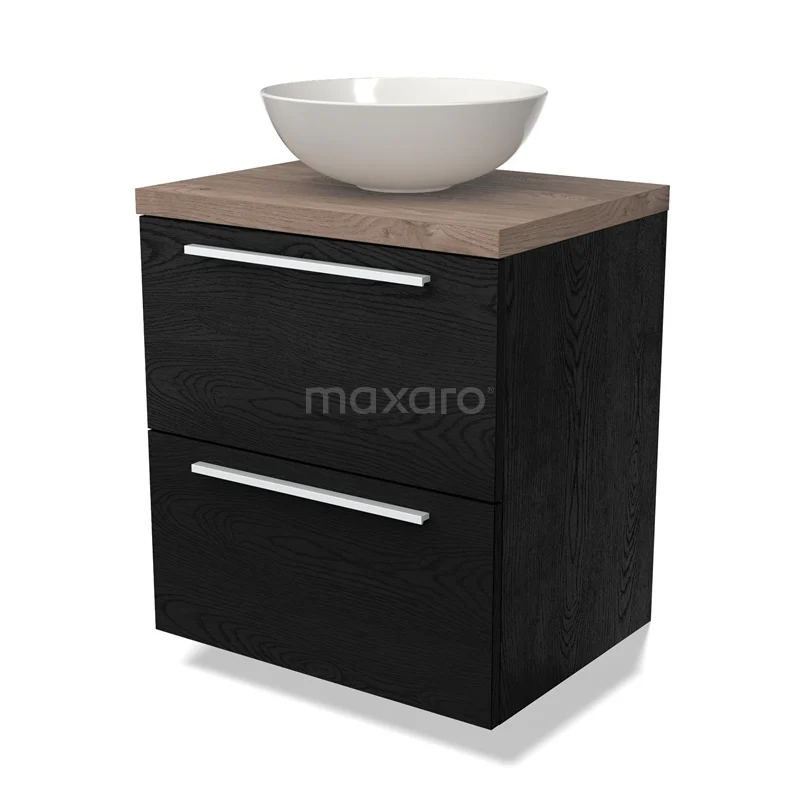 Modulo Plato Badmöbel mit Aufsatzwaschbecken | 60 cm Schwarze Eiche Flach front Mittelbraune Eiche blatt 2 übereinanderliegende Schubladen BMK17-02257 Schwarzes Badmöbel mit zwei Schubladen, Holzlook-Platte und weißer Waschbecken; modernes Design für stilvolle Bäder.