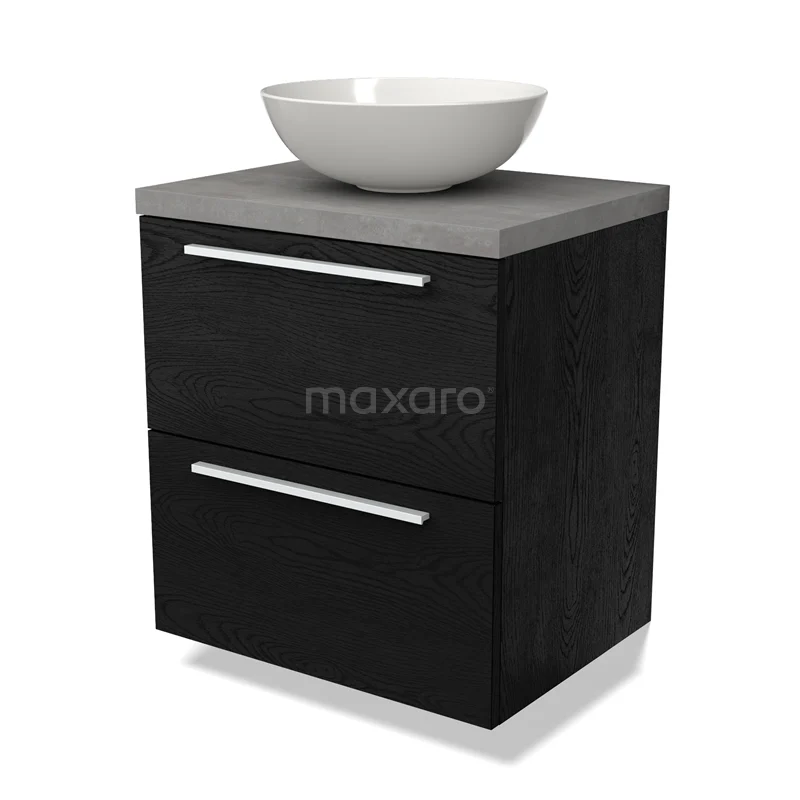 Waschtischunterschrank mit Konsole BMK17-02260 Schwarz Badmöbel mit mattem Grau Platte, zwei Schubladen und einem runden weißen Aufsatzwaschbecken, modernes Design aus nachhaltigem Material.