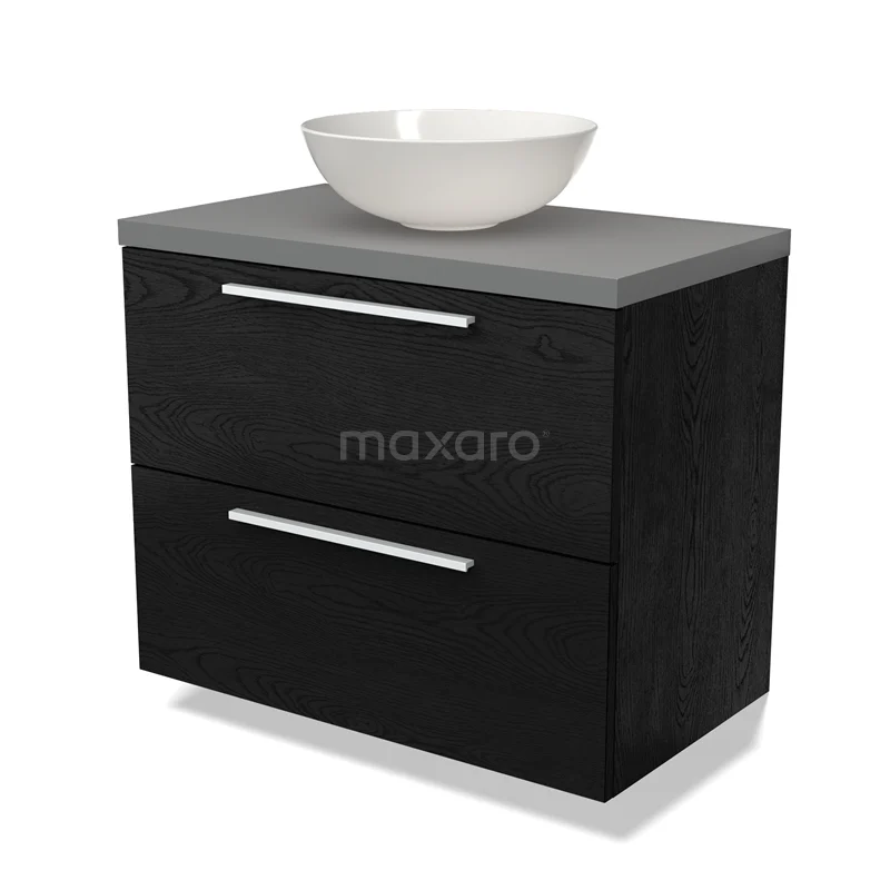 Zwart houten badkamermeubel met twee lades, grijze top en witte komvormige wastafel, modern en strak design.