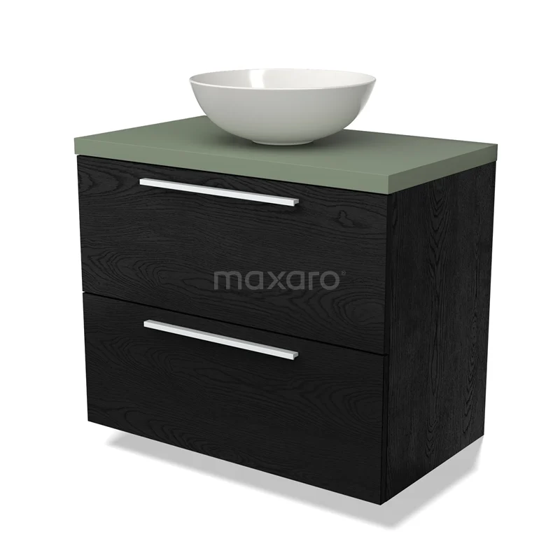 Black bathroom furniture set with green basin worktop and white basin worktop, modern design and spacious storage drawers.