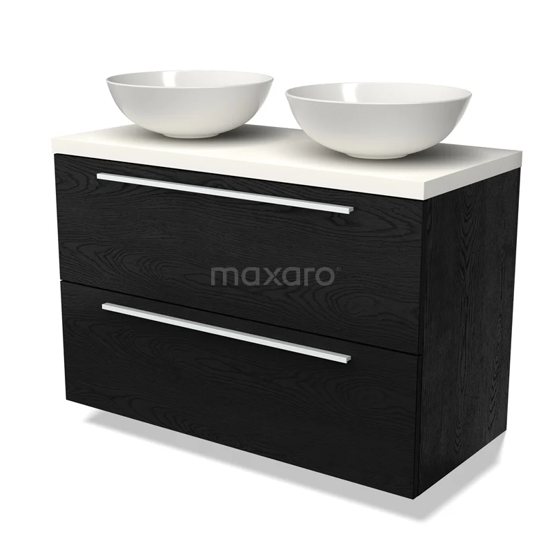 Zwart badkamermeubel met twee witte waskommen, modern ontwerp, gemaakt van hout, ideaal voor een stijlvolle badkamerinrichting.