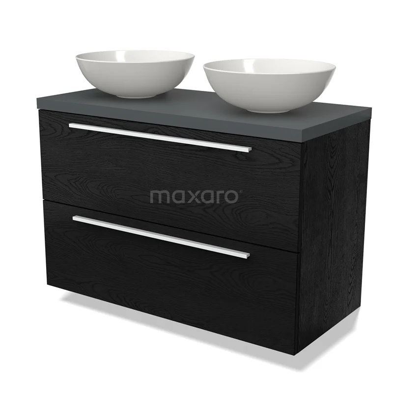 Waschtischunterschrank mit Konsole BMK17-02284 Schwarz Holz Badmöbel mit doppeltem Aufsatzwaschbecken, schlankem Design und zwei geräumigen Schubladen für stilvolle und praktische Badezimmerlagerung.