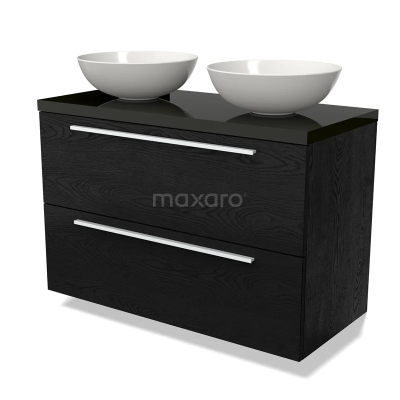 Waschtischunterschrank mit Konsole BMK17-02285 Schwarze Badmöbelset mit zwei weißen runden Waschbecken, moderne Ausstrahlung, robustes Holzmaterial, ideal für stilvolle Bäder.